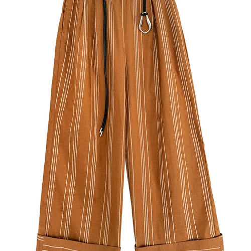 Load image into Gallery viewer, High Waist Brown Striped Linen Belted Long Wide Leg Pants New Trousers Women Fashion Tide Spring Autumn 2025 1DJ1558
