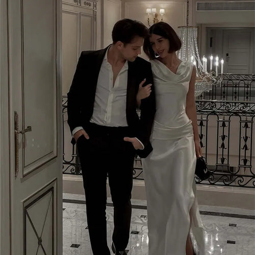 Load image into Gallery viewer, Satin Backless Sexy Maxi Dress For Women Elegant Rose Thigh High Split Beach Holiday Long Dress Gorgeous Club Gown
