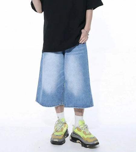 Casual Male Jeans Wide Leg Denim Shorts Contrast Color Male Fashion Washed Summer Fashion Loose Knee Length 9A8825