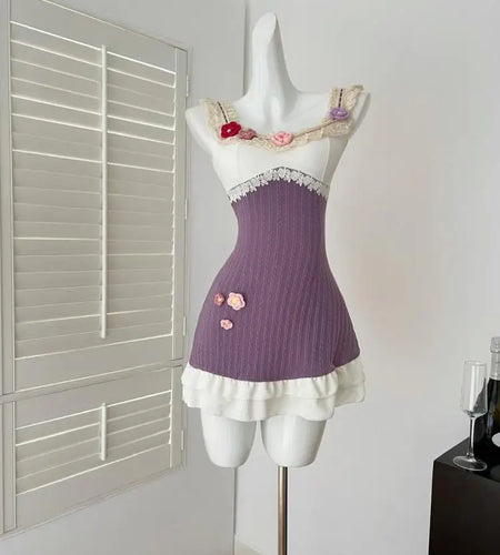 Summer French Vintage Purple Patchwork Lace Elegant Backless Slim Party Dress Women Square Neck Sleeveless Ruffles Slip Dresses