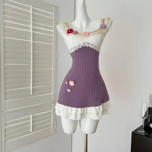 Load image into Gallery viewer, Summer French Vintage Purple Patchwork Lace Elegant Backless Slim Party Dress Women Square Neck Sleeveless Ruffles Slip Dresses
