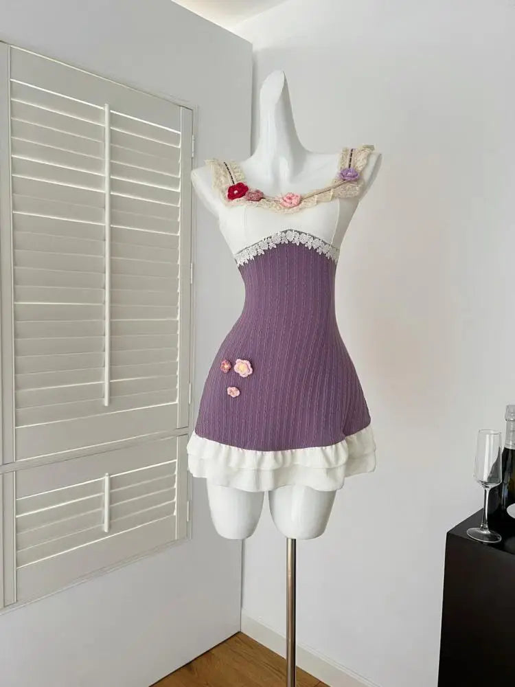 Summer French Vintage Purple Patchwork Lace Elegant Backless Slim Party Dress Women Square Neck Sleeveless Ruffles Slip Dresses