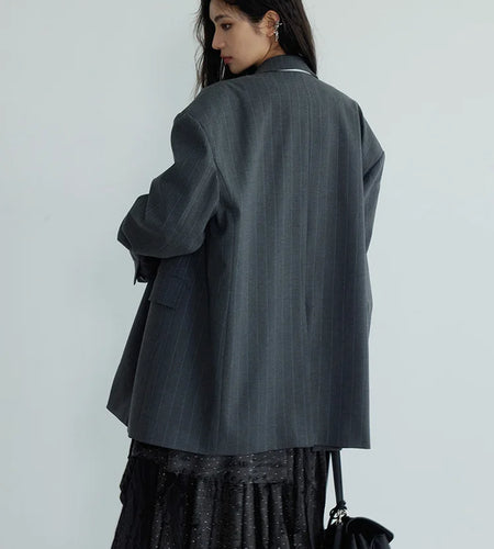 Women Gray Striped Shaped Big Size Elegant Blazer New Lapel Long Sleeve Jacket Fashion Tide Spring Autumn 2025 1DH7077