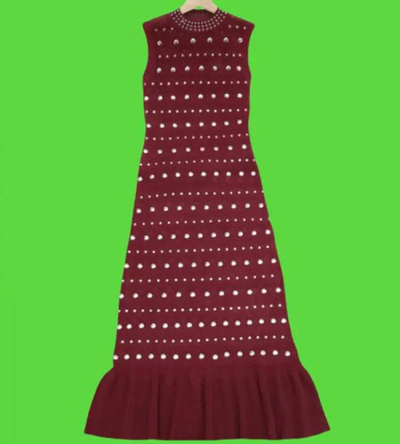 Black Diamond Sleeveless Ruffle Edge Knitted Dress Women's Summer Red Elegant Round Neck Office Slim Wrap Hip Long Dress Popular