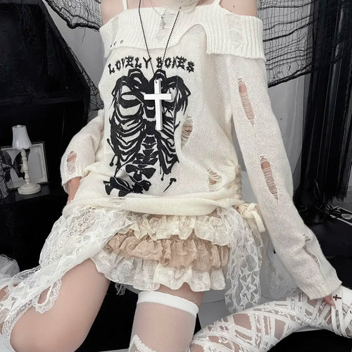 Load image into Gallery viewer, Japanese Off Shoulder Harajuku Sweater Y2k Women Gothic Punk Knitted Vintage Skull Jumpers Grunge Hollow Out Pullovers Kintwear

