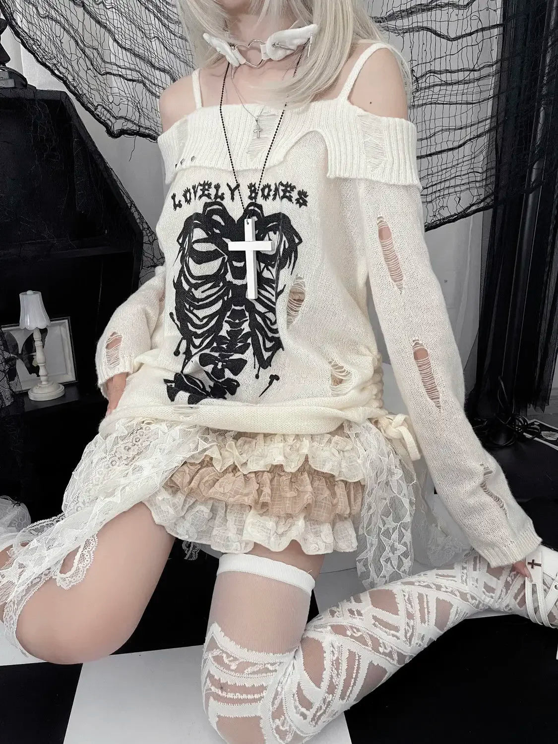 Japanese Off Shoulder Harajuku Sweater Y2k Women Gothic Punk Knitted Vintage Skull Jumpers Grunge Hollow Out Pullovers Kintwear