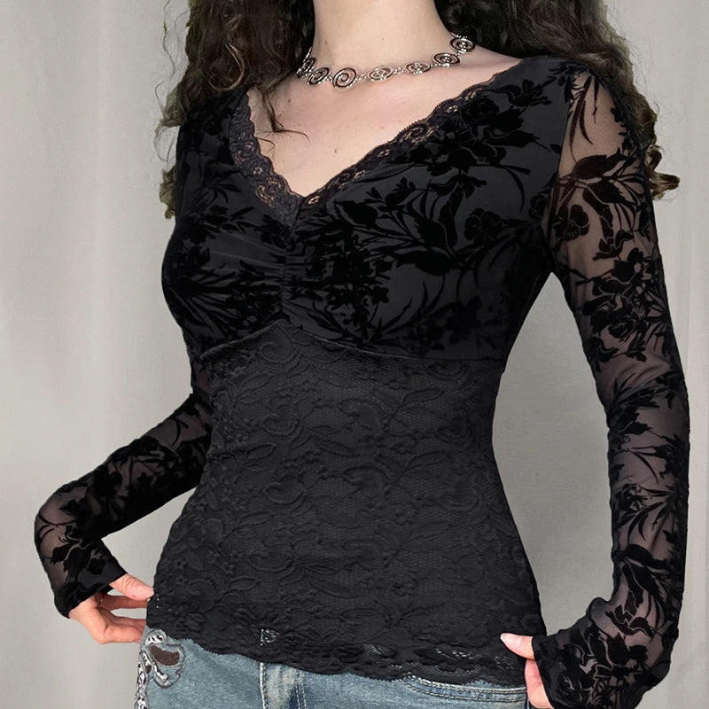 Fashion Lace Hook Flowers Black T-shirt For Women V-Neck Long Sleeve Slim Spring Bodycon Top Folds Gothic Dark Shirts