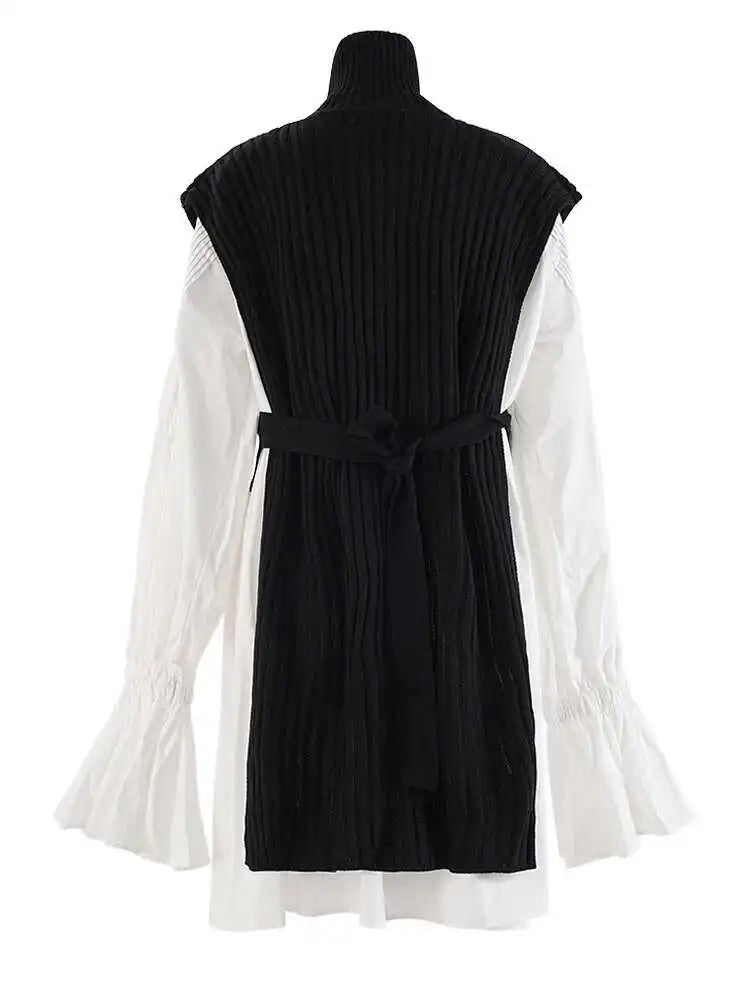 Women White Kniitting Irregular Big Size Shirt Dress New Turtleneck Long Sleeve Fashion Tide Spring Autumn 2025 CPDB269