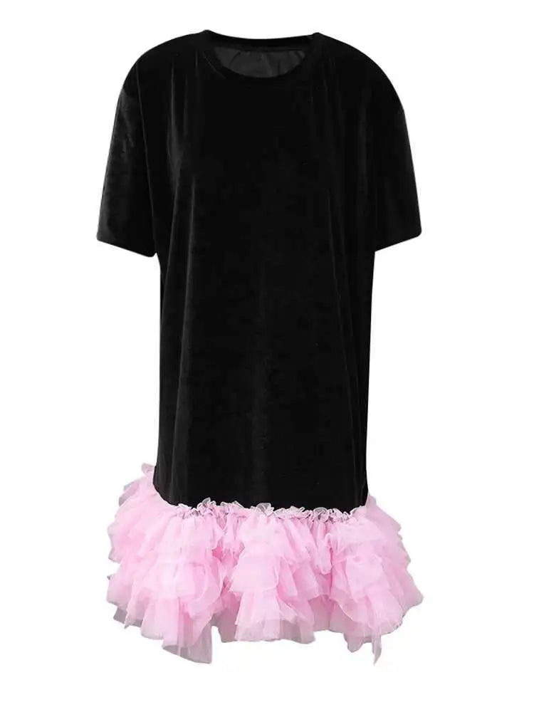 Women Green Mesh Ruffles Hem Big Size Knee-Length Dress New Round Neck Short Sleeve Fashion Spring Summer 2025 CPG2904