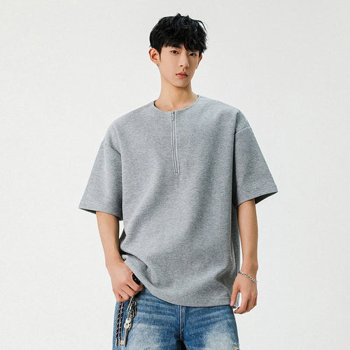 Load image into Gallery viewer, Male T-shirt New American Style Half Zippper Solid Color Short Sleeved T-shirts Casual Loose Trendy Men Summer 9W1294
