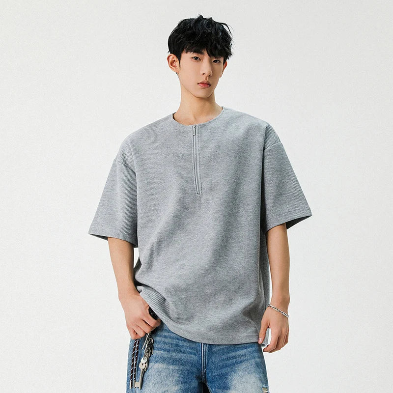 Male T-shirt New American Style Half Zippper Solid Color Short Sleeved T-shirts Casual Loose Trendy Men Summer 9W1294