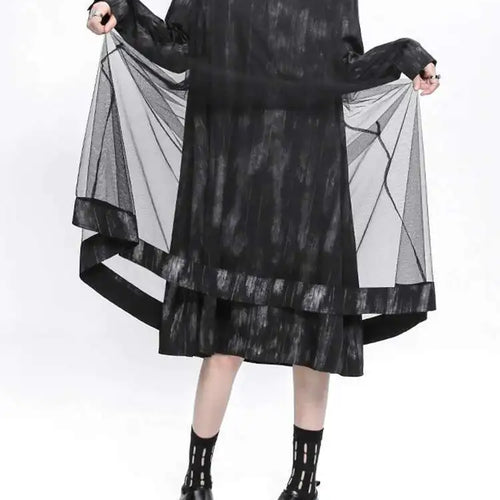 Load image into Gallery viewer, Women Black Hollow Out Mesh Spliced Big Size Dress New Stand Collar Long Sleeve Fashion Tide Spring Autumn 2025 1DJ0051
