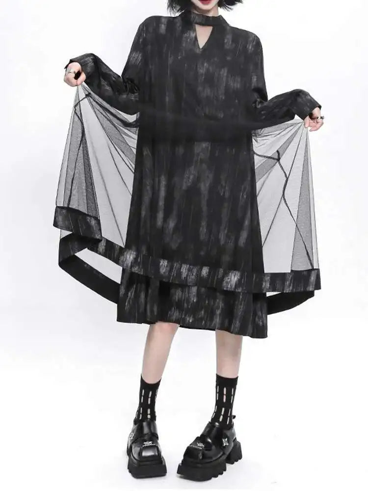 Women Black Hollow Out Mesh Spliced Big Size Dress New Stand Collar Long Sleeve Fashion Tide Spring Autumn 2025 1DJ0051