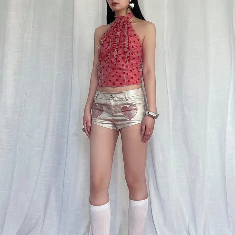 Y2k Aesthetics Red Halter Tops Vintage 2000s Style Polka Dot Camisole Japanese Harajuku Backless Tank Top Korean Popular