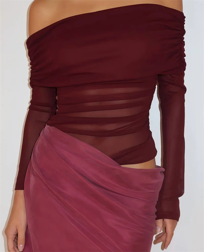 Hollow Out Off-shoulder Sexy Mini Dress Women Fashion Patchwork Strapless Long Sleeve Backless Ruched Club Dress