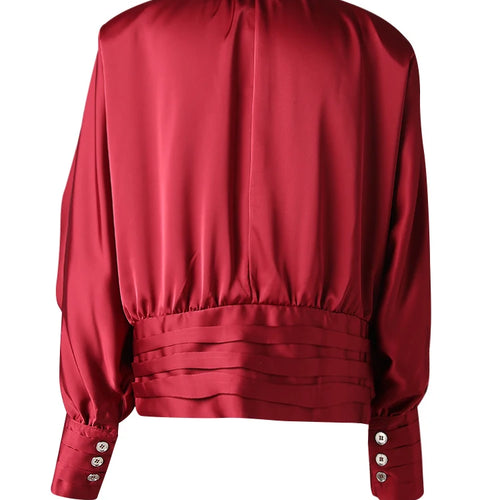 Load image into Gallery viewer, Women Red Irregular Pleated Big Size Elegant Blouse New V-neck Long Sleeve Shirt Fashion Tide Spring Autumn 2025  9C7045
