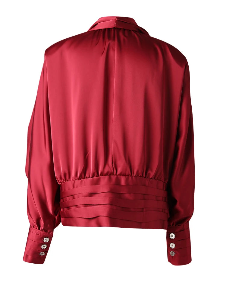 Women Red Irregular Pleated Big Size Elegant Blouse New V-neck Long Sleeve Shirt Fashion Tide Spring Autumn 2025  9C7045