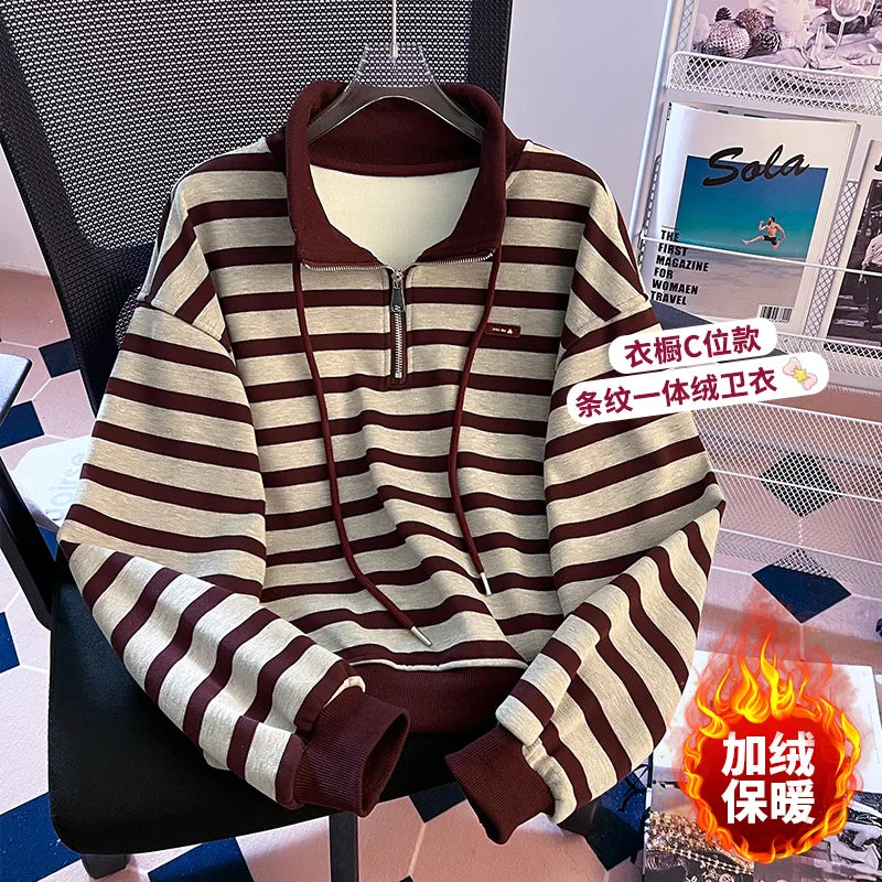 Korean Fashion Women's Striped Velvet Half Zipper Sweatshirt Autumn Winter Retro Long Sleeve Holiday Pullover Tops Thick Casual