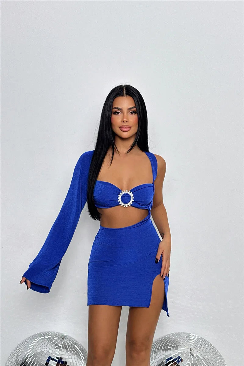 Hollow Out Backless Sexy Mini Dress For Women Robe Elegant Fashion One Sleeve Side Slit A-line Club Dress Vestido