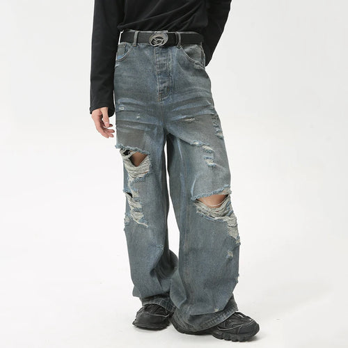 Load image into Gallery viewer, High Street Worn-out Male Denim Pants Straight Loose Men Jeans Washed Hole Design Hip Hop Zipper Men Clothing 9C6087
