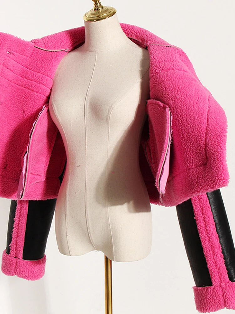 Loose Fit Rose Red Thick Warm Lambswool Jacket New Lapel Long Sleeve Women Coat Fashion Tide Spring Autumn 2025 1DH0227