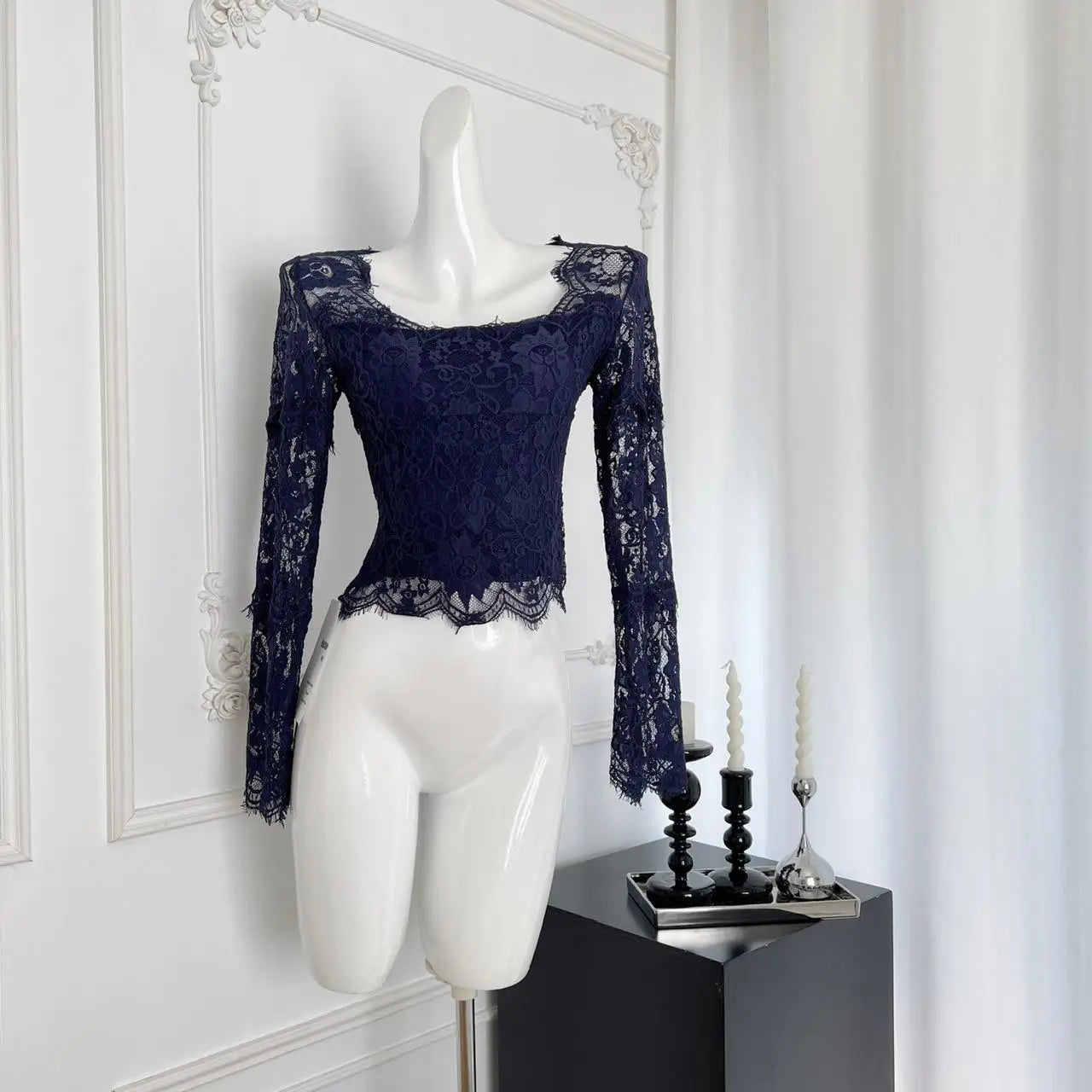 Autumn Blue Lace Square Neck Elegant Slim T Shirt Women's New Vintage Pink Long Sleeves Vacation Short Tops Simplicity Clothing