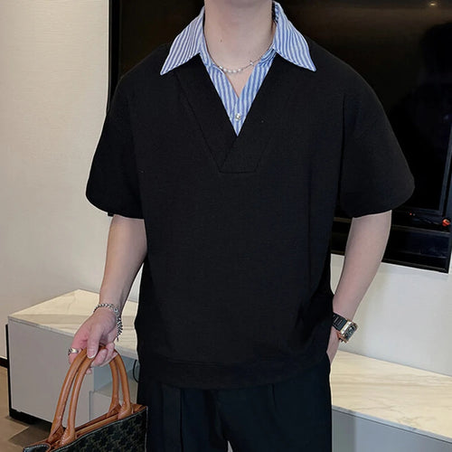 Load image into Gallery viewer, Men's Short Sleeve T-shirts New Summer Korean Casual Turn-down Collar Splicing Fake Two-piece Design Male Top 9W1676
