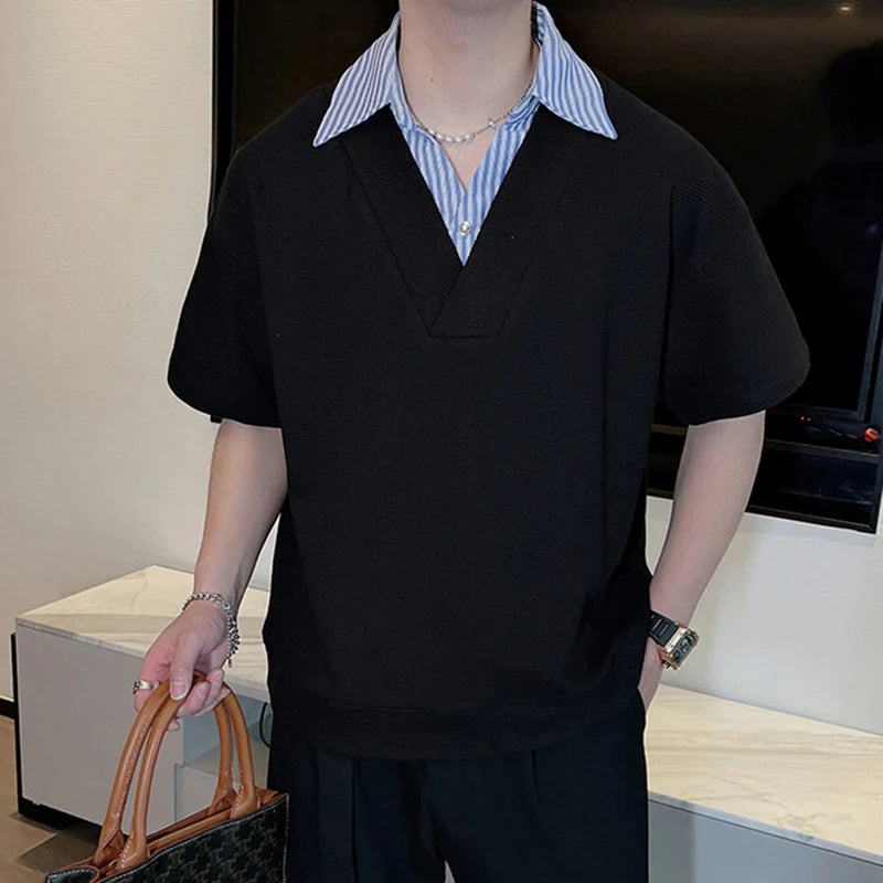 Men's Short Sleeve T-shirts New Summer Korean Casual Turn-down Collar Splicing Fake Two-piece Design Male Top 9W1676