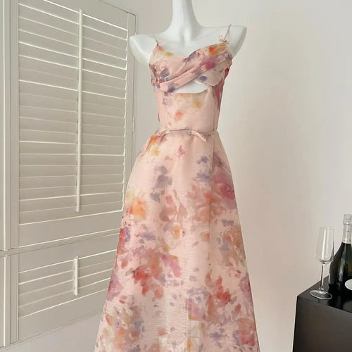 Load image into Gallery viewer, Summer Vintage Blue Pink Floral Hollow Out Party Long Dress For Women V Neck Elegant Vacation Backless Dresses 2025 Bohemian New
