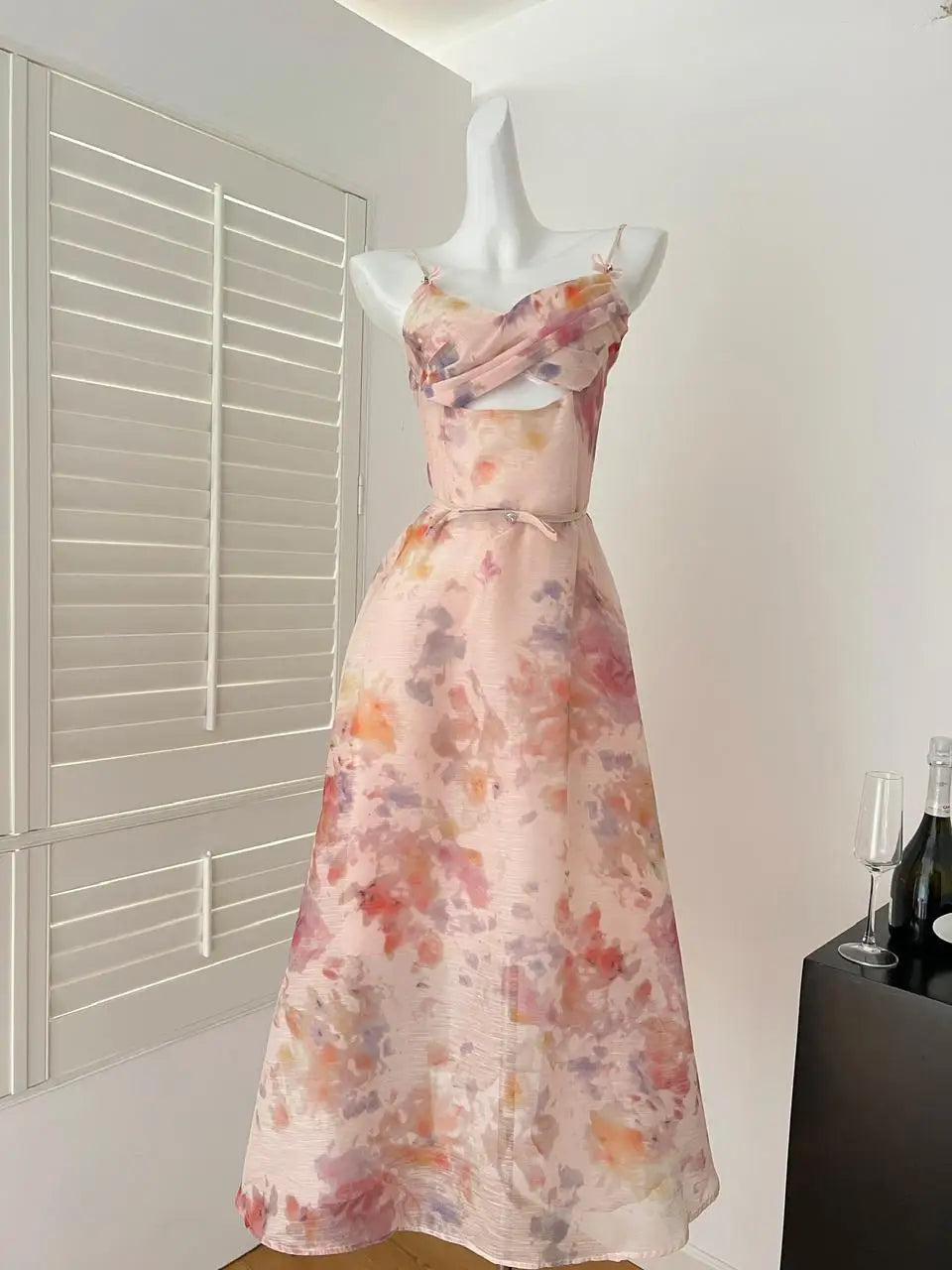 Summer Vintage Blue Pink Floral Hollow Out Party Long Dress For Women V Neck Elegant Vacation Backless Dresses 2025 Bohemian New