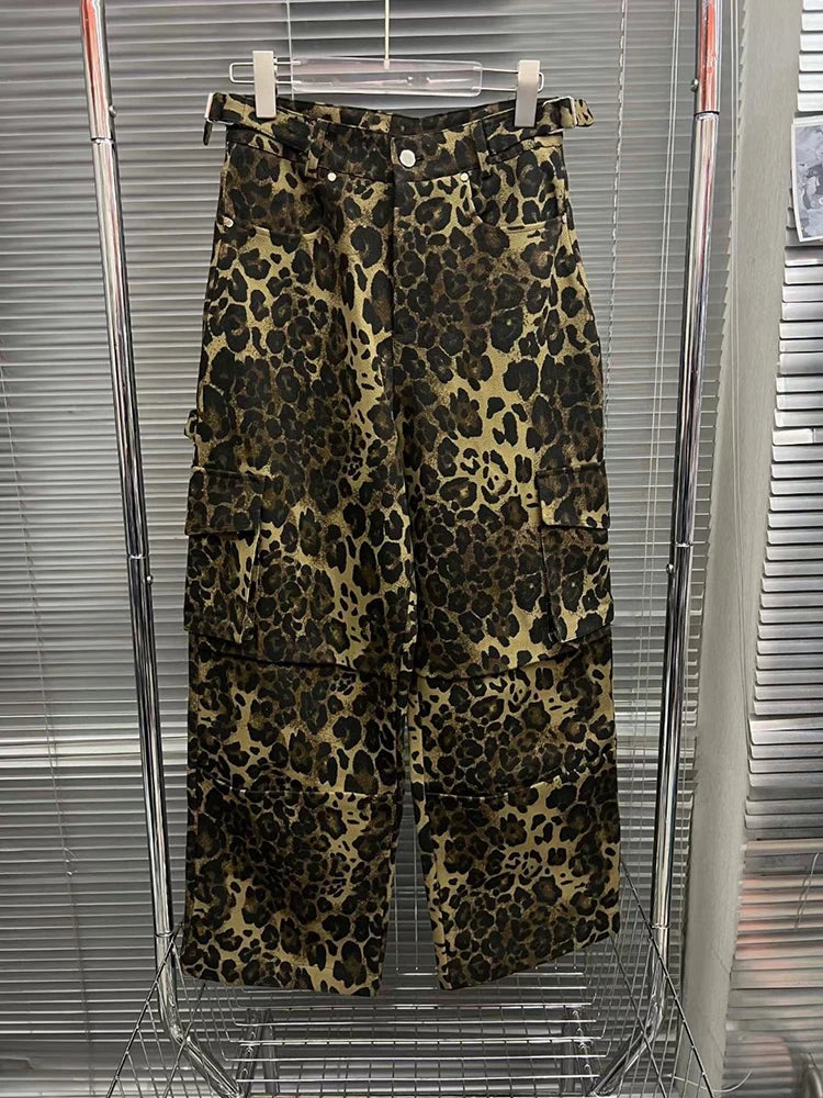 Colorblock Leopard Printing Patchwork Pockets Casual Pants For Women High Waist Loose Wide Leg Pant Female Fashion