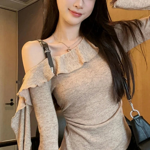 Load image into Gallery viewer, y2k Top Women Fairycore Grunge Clothes Ruffle Slash Neck One Shoulder Long Sleeve T Shirt 2000s Clothing Streetwear
