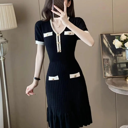 Load image into Gallery viewer, Summer Korean Patchwork V-neck Slim Ruffled Edge Pleated Short Sleeve Midi Dress Women Retro Holiday Wrap Hip Knitted Dress Chic
