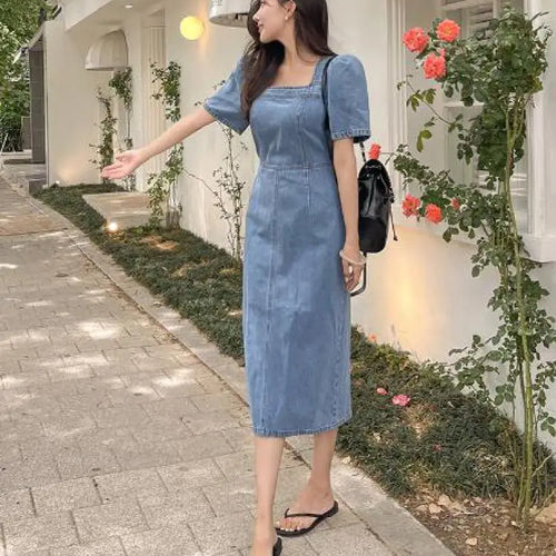 Load image into Gallery viewer, French Vintage Blue Denim Dress Summer New Temperament Goddess Long Dress High Waist Slim Elegant Square Collar Holiday Dresses
