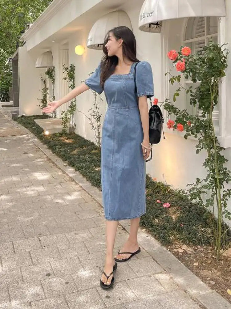 French Vintage Blue Denim Dress Summer New Temperament Goddess Long Dress High Waist Slim Elegant Square Collar Holiday Dresses