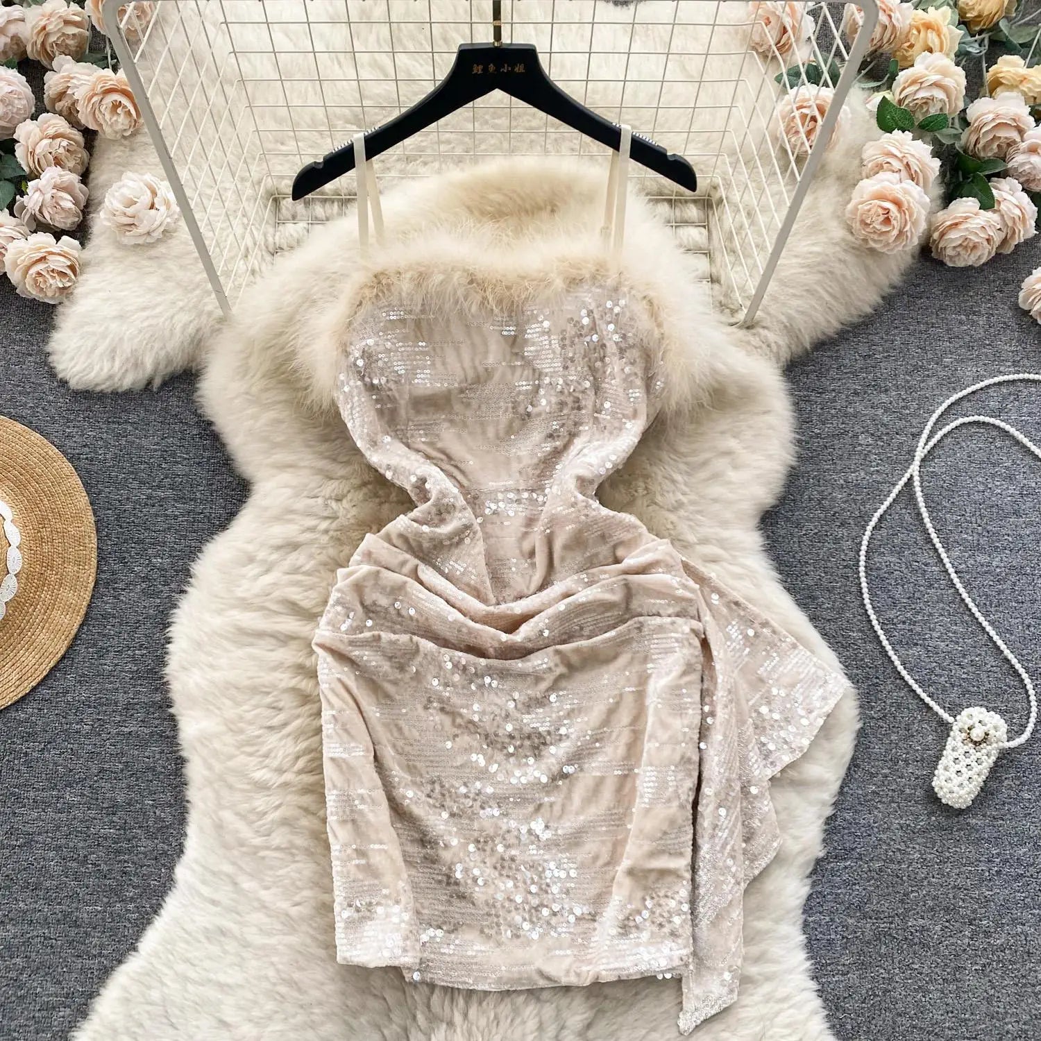 Beige Sexy Club Sequins Furry Slip Dress Black Off Shoulder Backless Fashion Women Slim Autumn Birthday Party Pink Mini Dresses