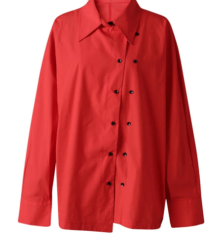 Women Red Irregular Button Big Size Casual Blouse New Lapel Long Sleeve Shirt Fashion Tide Spring Autumn 2025 CPG3125