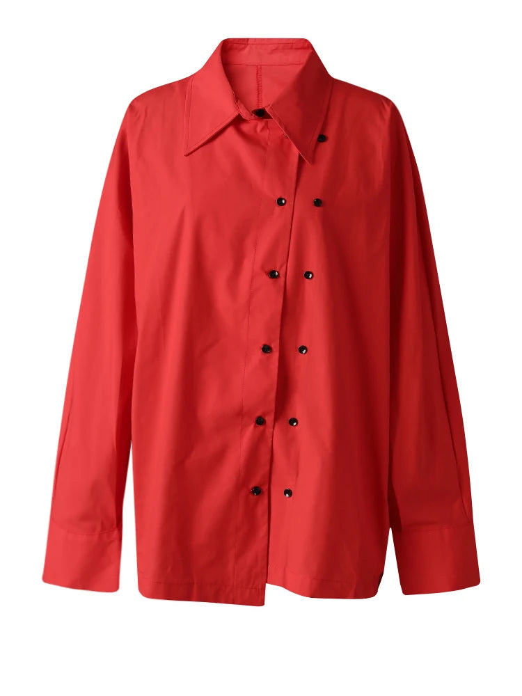 Women Red Irregular Button Big Size Casual Blouse New Lapel Long Sleeve Shirt Fashion Tide Spring Autumn 2025 CPG3125