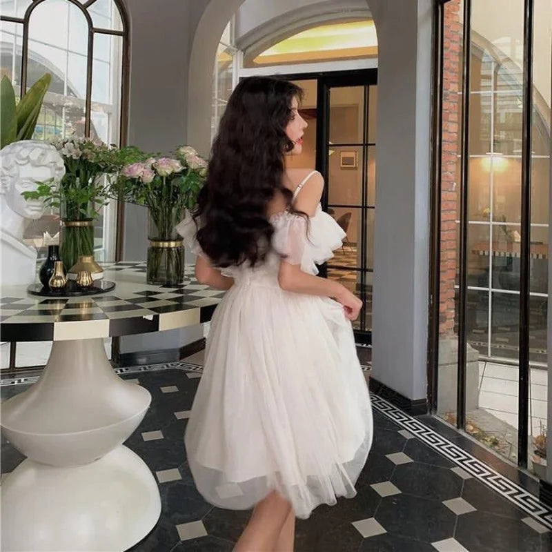 Sweet Kawaii Fairy Princess Mesh Dress Elegant White Spaghetti Strap Off Shoulder Party Dresses Woman Vacation