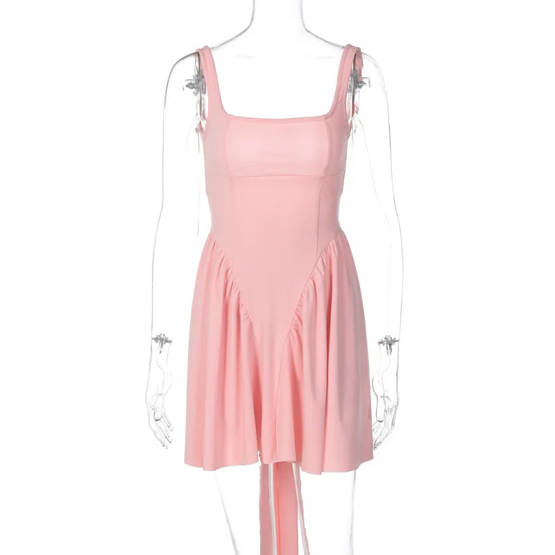 Elegant Backless Bow Mini Dress For Women 2023 Autumn New Square Collar Sleeveless Ruffles Sexy Dress Vintage Fashion