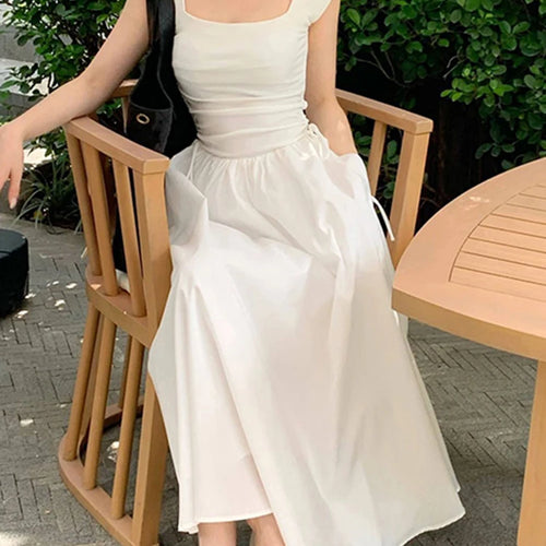 Load image into Gallery viewer, White Square Neck Elegant Chiffon Women&#39;s Dresses French Style Pure Color Ruffles Dress Summer Sleeveless Simple Dresses
