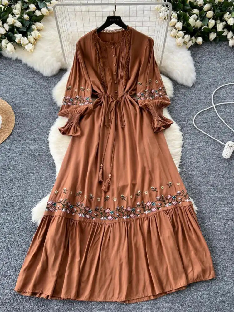 French Women Lace Embroidery Birthday Evening Party Dress Autumn Round Neck Elegant Long Sleeved Ruffles Lace-up Pleated Dresses
