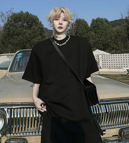 Summer Men's T-shirts Solid Color Round Neck Loose Male Back Zipper Bead Decoration Short Sleeve Casual Top 9W1498