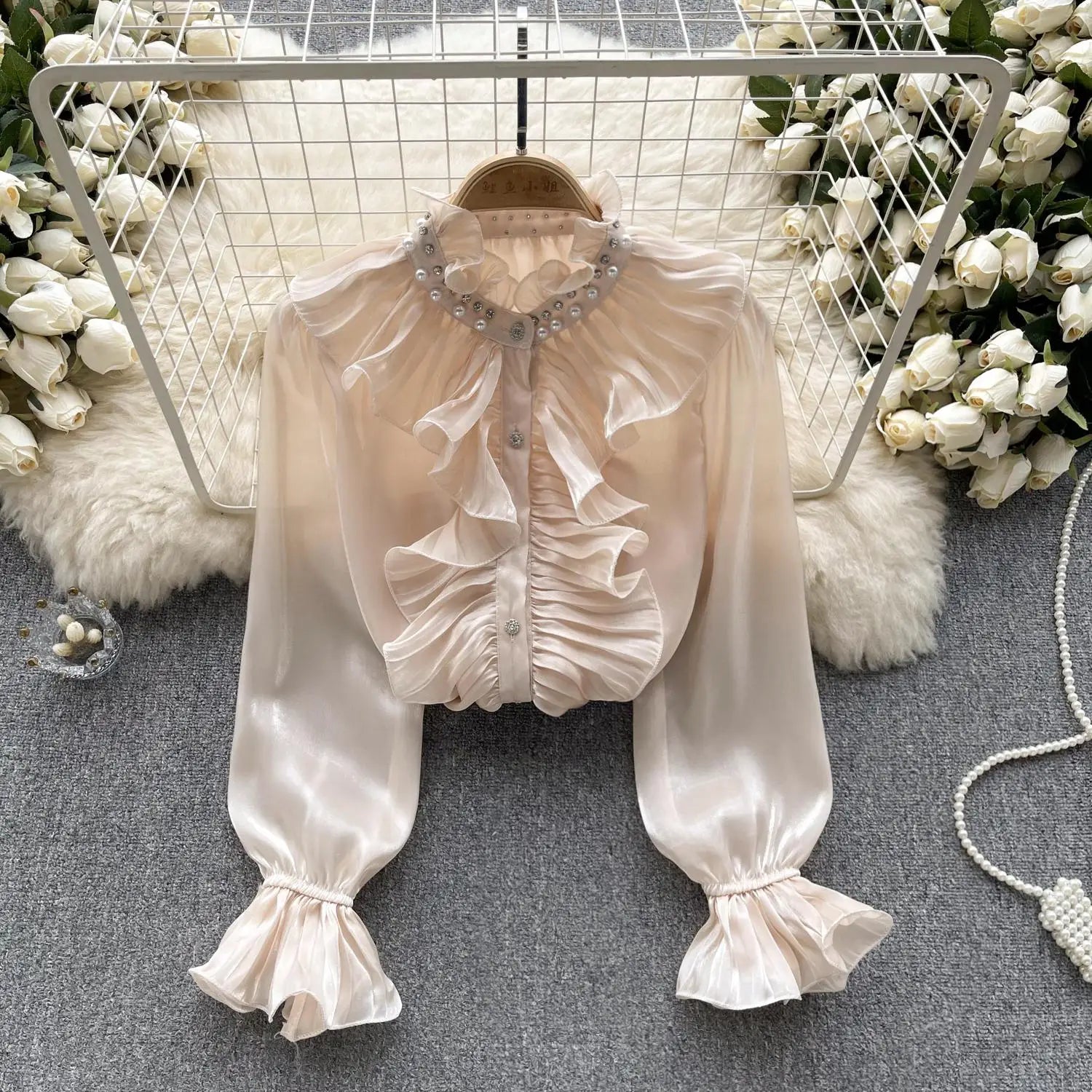 Korean Women Solid Elegant Ruffles Shirt Chic Long Sleeve Lace Ruffles Stand Collar Casual Loose Blouses Tops Autumn Vintage Y2k