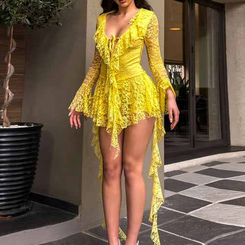 Load image into Gallery viewer, Lace Ruffled Sexy Mini Dress For Women Robe Deep V Neck Flare Long Sleeve Draped A-line Club Party Dress Vestido
