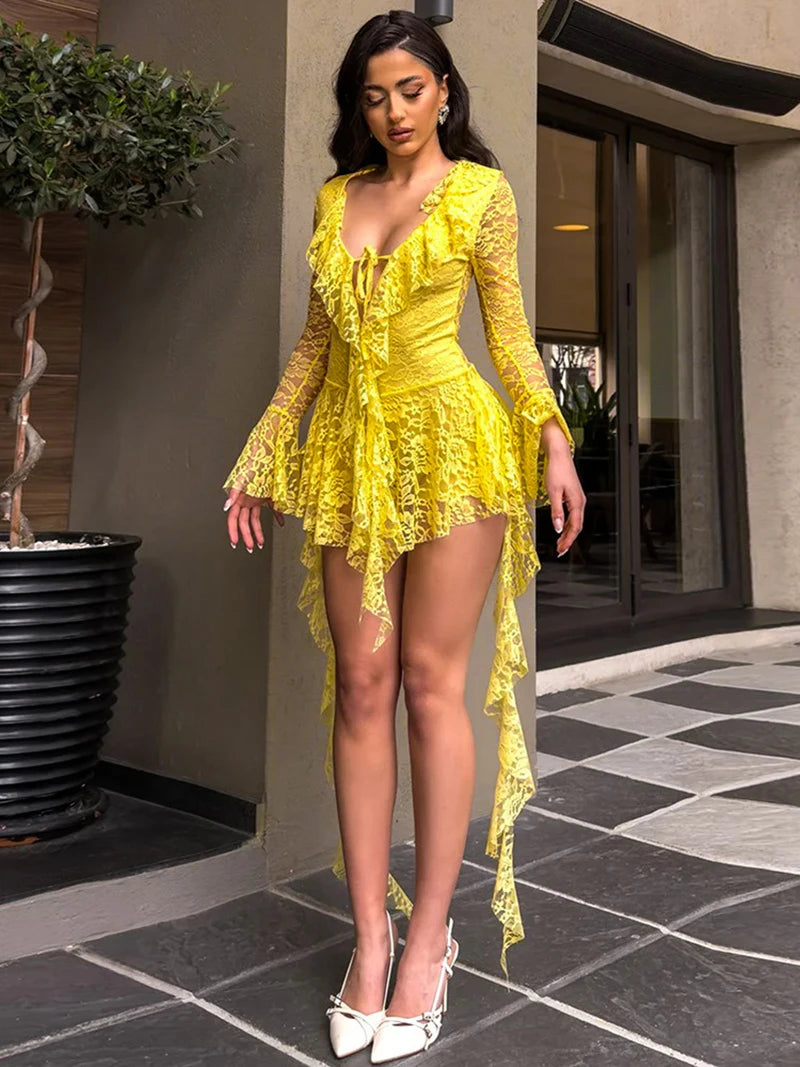 Lace Ruffled Sexy Mini Dress For Women Robe Deep V Neck Flare Long Sleeve Draped A-line Club Party Dress Vestido
