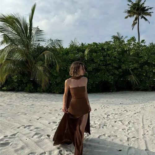 Load image into Gallery viewer, Elegant Strapless Sexy Maxi Dress For Women Gown With Scarf Off-shoulder Sleeveless Backless Split Beach Long Dress
