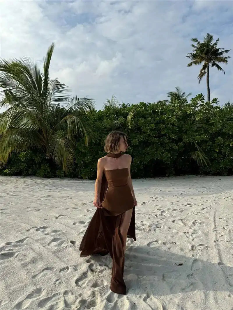 Elegant Strapless Sexy Maxi Dress For Women Gown With Scarf Off-shoulder Sleeveless Backless Split Beach Long Dress