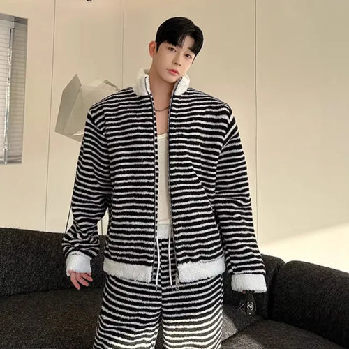 Load image into Gallery viewer, Stylish Korean Striped Suit Men Stand Collar Jacket Loose Wide Leg Straight Casual Pants Lace-up Patchwork Male Set 9C8952
