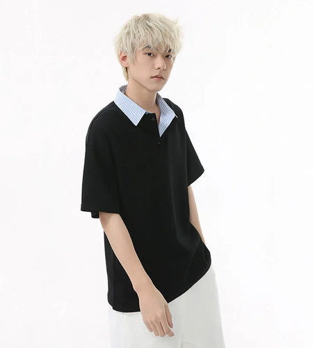 Men's Short Sleeve T-shirts Korean Simple Splicing Lapel Fake Two-piece Fashion Loose Male Clothing Pullover Top 9W1584